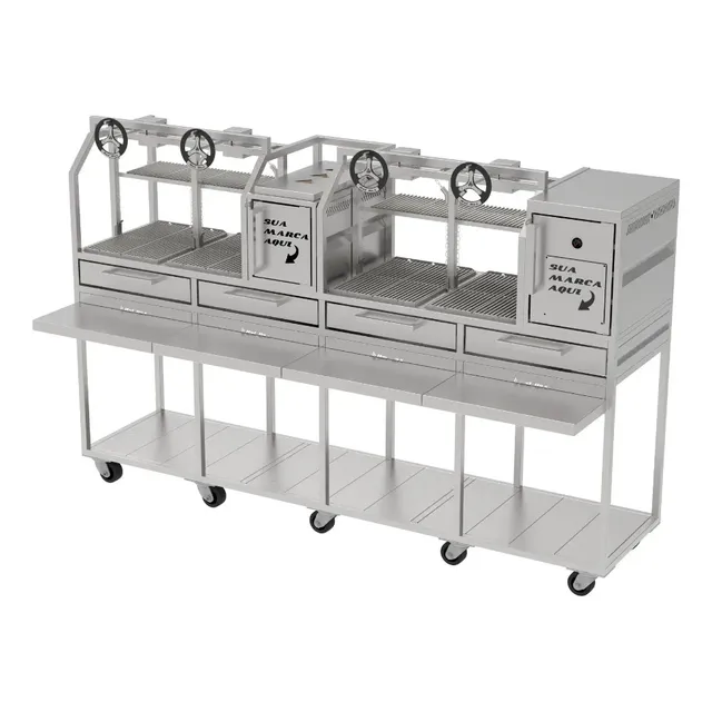 Parrilla Profissional Dupla 250x60 Inox 304 com Carrinho e Mesa