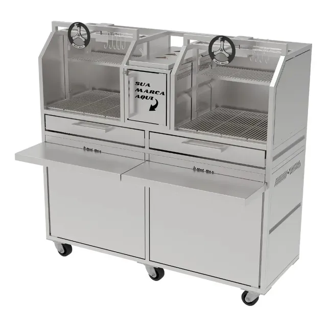 Parrilla Profissional Dupla 166x60 Inox 304 com Fechamento e Mesa